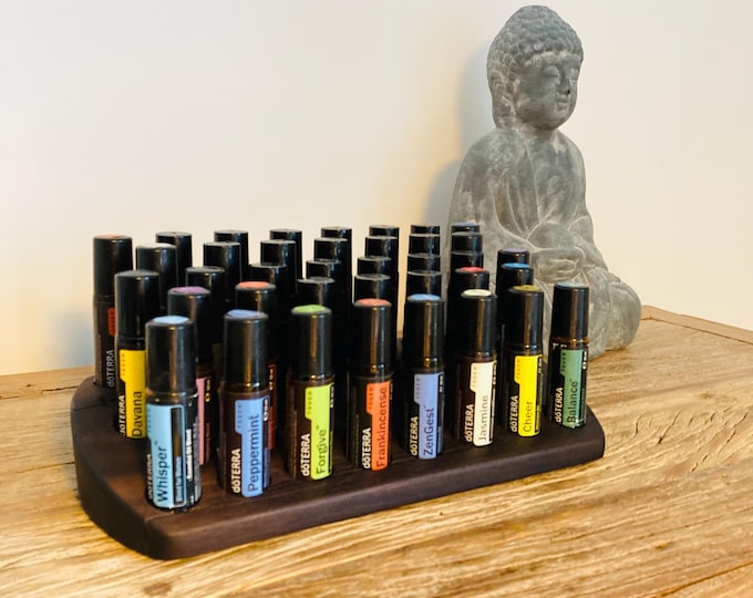 Beautifully curved, unique piece made of walnut wood for 38 Aroma Touch 10ml roll-on oils, suitable for e.g. doTERRA essential oils.