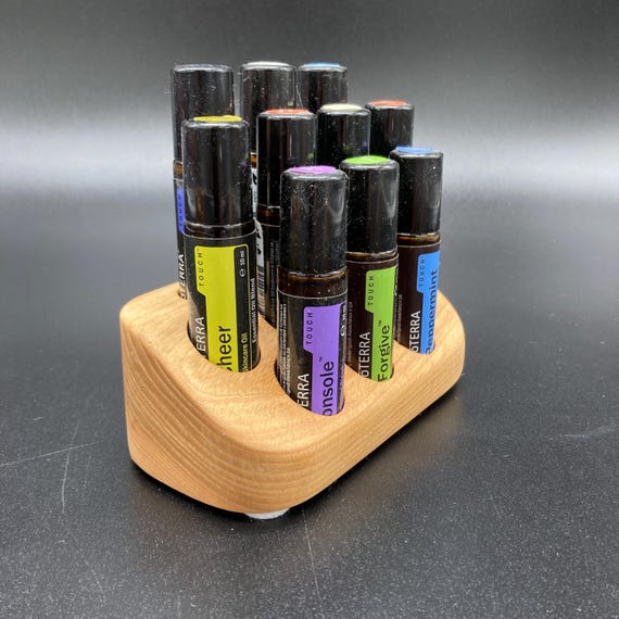 Essential oil display stand made of ash wood for 10 roll-on bottles (22 mm diameter), e.g., for doTERRA oil bottles.