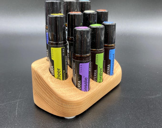 Essential oil display stand made of ash wood for 10 roll-on bottles (22 mm diameter), e.g., for doTERRA oil bottles.