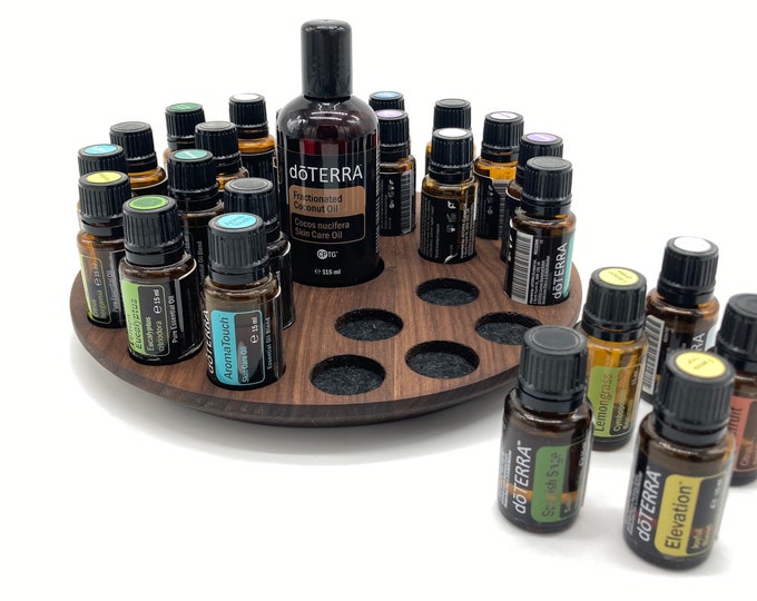 Round oil stand for e.g. 24 x 15ml e.g. for Doterra oil storage oil bottles essential oils made of walnut wood