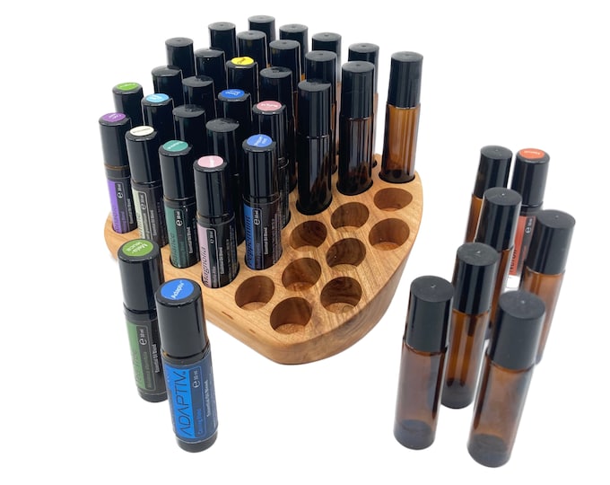 Beautifully curved unique piece made of cherry wood for 37! Oil RollOns 10ml stand for e.g. Doterra essential oils + glass vase