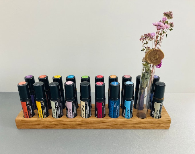 Pack of 20 oil organizer stands for Doterra oils, wooden holder for oil bottles, essential oils, 10 ml bottle holder + glass vase