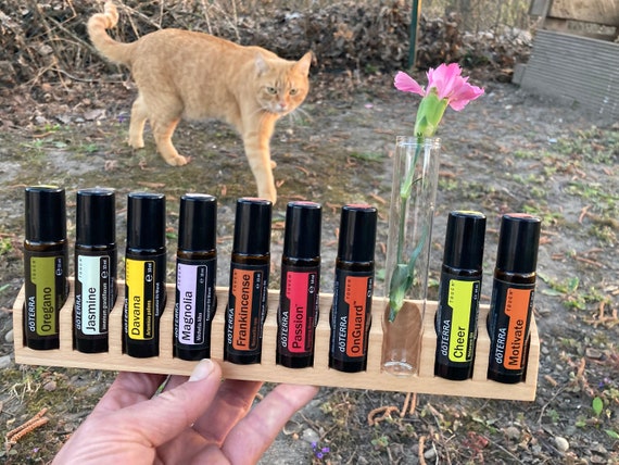 Oils Organizer Stand for 10 Doterra Oils Roll Ons Wooden Holder for Oil Bottles Essential Oils made of Beech Wood + Glass Vase