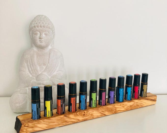 Unique 12-piece oil organizer - e.g., for doTERRA oils. Olive wood display for 10ml roll-on essential oils with bark.