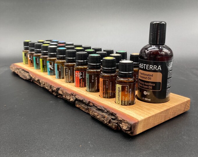 Unique piece with natural edge made of oak wood for Doterra oils Wooden holder for 30 oil bottles of 15ml essential oils