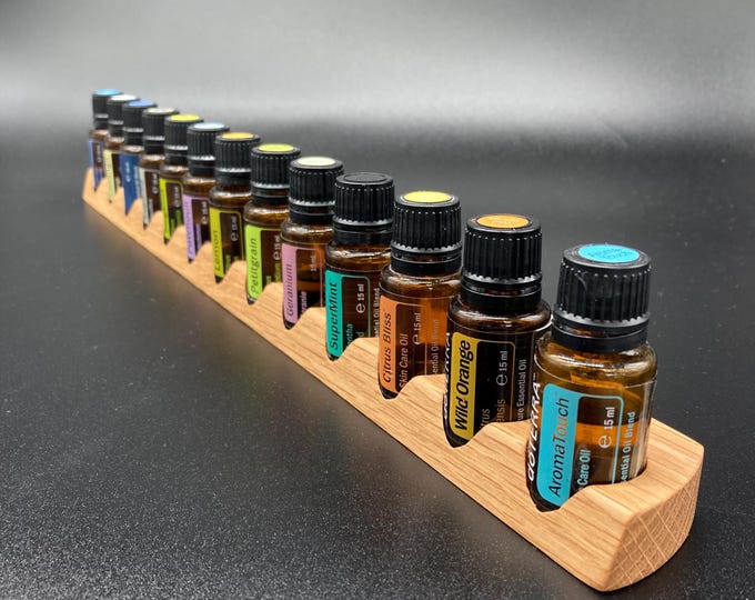 13-bottle oak wood oil organizer stand for doTERRA oils, wooden holder for 15ml essential oil bottles