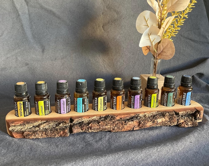 Aromaboard - storage for essential oils with natural edge made of oak wood for doTERRA or Young Living, for 10 oil bottles of 15ml each.