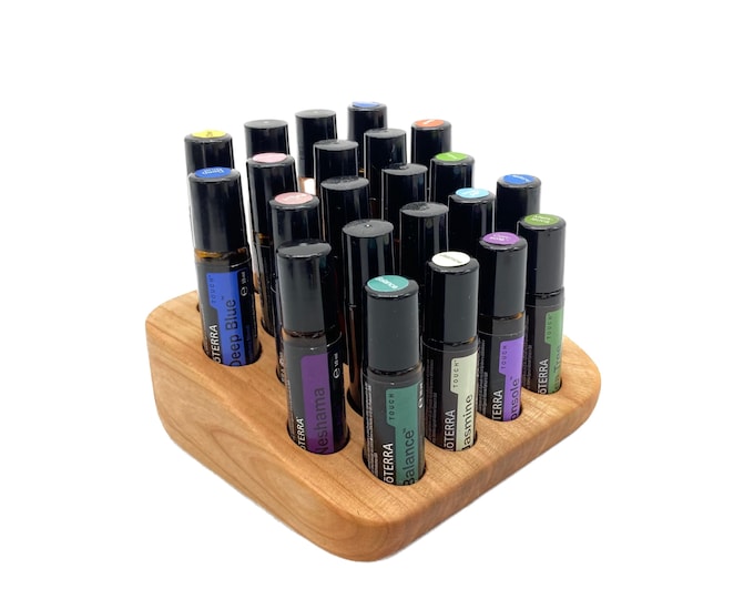 Beautifully curved unique piece made of cherry wood for 22 oils RollOns 10ml stand for e.g. Doterra essential oils + glass vase
