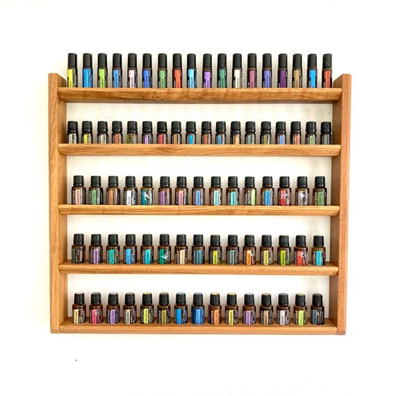 Multi-oil wall shelf - display for e.g. doTERRA wooden stand for 45 + 18 + 18 essential oil bottles, oak wood