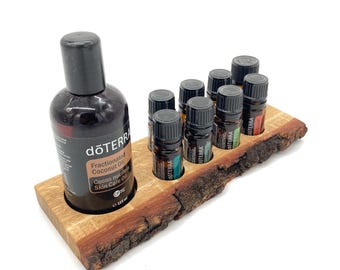 Aroma Touch Display for Doterra oils made of oak wood with natural edge for 8 oil bottles of 5ml essential oils + fractionated coconut oil