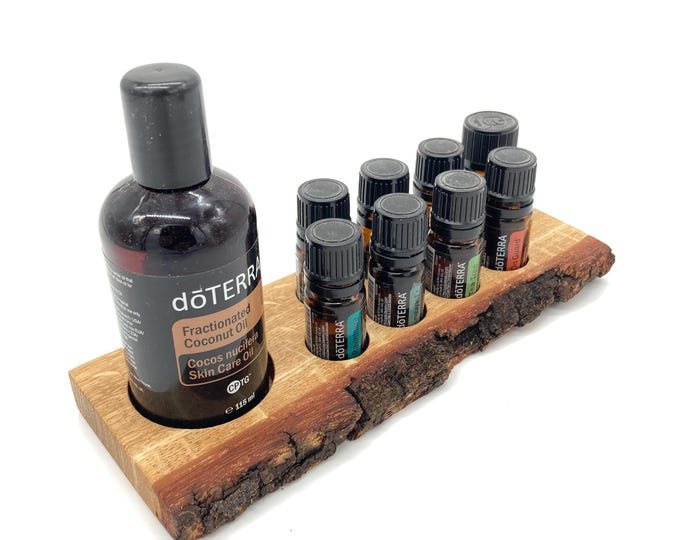 Aroma Touch Display for Doterra oils made of oak wood with natural edge for 8 oil bottles of 5ml essential oils + fractionated coconut oil