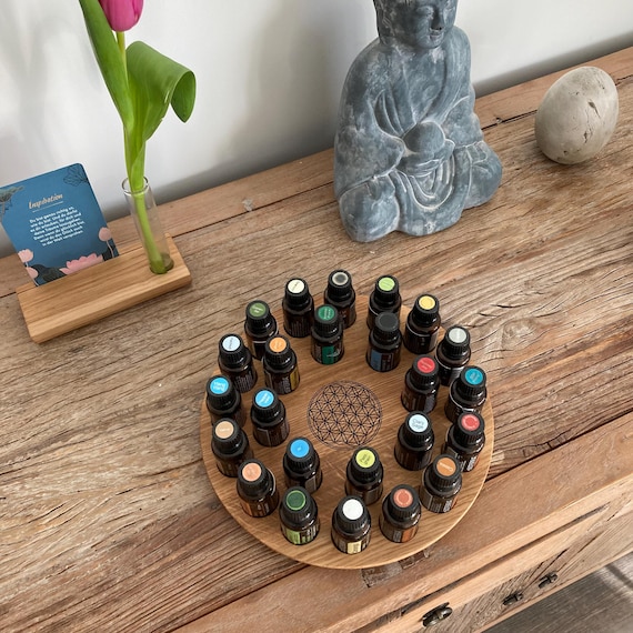 Round oil storage stand with Flower of Life (laser-engraved) for 24 x 15ml bottles, e.g., for doTERRA oils. Made of oak wood.