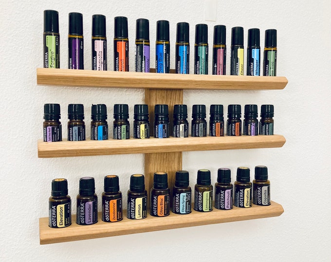 Small wall shelf - display for essential oil bottles such as Doterra with various options - made of oak wood