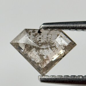 Peut inclure: Un diamant taillé en forme de bouclier, maintenu par une pince. Le diamant est gris clair avec des inclusions plus foncées. Les facettes sont visibles et la forme est symétrique. La pince est argentée.