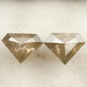 Può includere: Due gemme grezze a forma di diamante. I diamanti hanno una tonalità marrone chiaro con inclusioni e sfaccettature visibili. Le gemme sono esposte su una superficie di colore chiaro.
