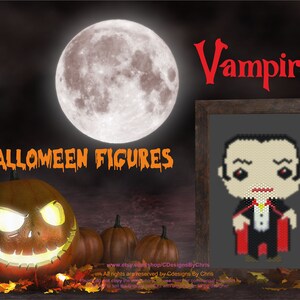 May include: A digital download pattern for a pixel art bead sprite of a vampire. The image shows a cartoon vampire with a black suit, red cape, and fangs. The image is set against a dark background with a full moon and pumpkins.