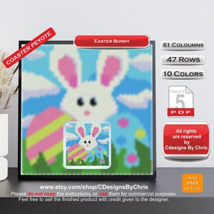 May include: A digital pattern for a beaded Easter bunny coaster. The pattern includes 61 columns, 47 rows, and 10 colors. The pattern is available as a 5-page PDF download. The pattern features a white bunny with pink ears and a pink and yellow striped egg.