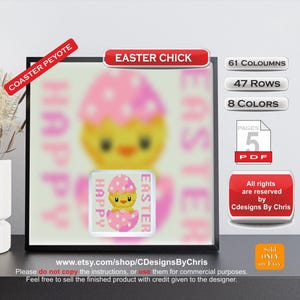 May include: A framed cross-stitch pattern with an Easter chick design. The image includes the text "Easter Chick", "Happy Easter", and pattern details: 61 columns, 47 rows, and 8 colours. The pattern is available as a 5-page PDF.