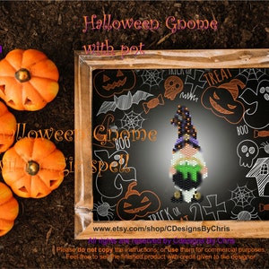 May include: A digital download pattern for a brick stitch Halloween gnome with a pot. The pattern is shown on a chalkboard with Halloween-themed drawings, including a ghost, a spider, a skull, and a pumpkin. The text "Halloween Gnome with pot" is written in pink and purple letters at the top of the chalkboard.