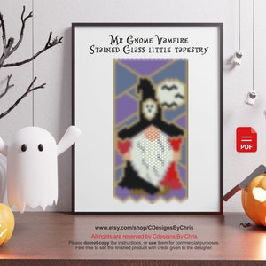 May include: A digital download PDF pattern for a stained glass style beading project featuring a gnome vampire with a black hat and a white ghost. The pattern is titled "Mr Gnome Vampire Stained Glass Little Tapestry".