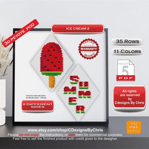 Könnte beinhalten: Gerahmtes Bild mit einer Perlen-Wassermelonen-Eis am Stiel und dem Wort "SUMMER" in Perlen. Der Text enthält "ICE CREAM 2", "35 Reihen", "11 Farben" und "5 PDF-Seiten".