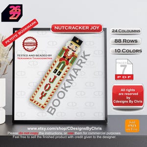 May include: A peyote stitch bookmark pattern featuring a nutcracker design with the text JOY. The digital PDF includes 24 columns, 88 rows, 10 colors, and 7 pages. The design is tested and beaded by Yerasimos Thiakodimitris, with all rights reserved by Cdesigns By Chris.