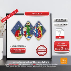 May include: A framed artwork featuring a beaded Nativity scene in a 3D peyote pod design. The artwork showcases three diamond-shaped panels with figures in red, green, blue, and yellow. The text includes "34 Rows", "20 Colors", and "7 PDF pages".