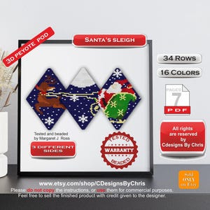 Puede incluir: Imagen enmarcada con tres diseños de cuentas en forma de diamante que representan el trineo de Papá Noel, un reno y copos de nieve. La imagen incluye el texto "Santa's Sleigh", "34 filas", "16 colores" y "7 páginas PDF".