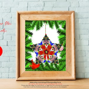 May include: A framed Christmas star Nutcracker design. The star is decorated with a red, blue, and black pattern, with a nutcracker face in the center. The frame is surrounded by green pine branches. The text "Christmas Star Nutcracker" is at the top.