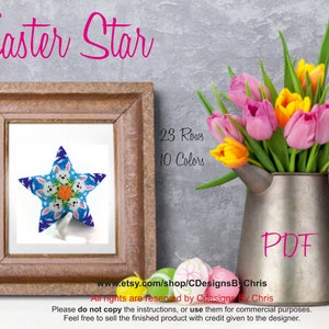 May include: A PDF pattern for a beaded Easter star with 23 rows and 10 colors. The star is blue, pink, and white with a colorful center. The pattern is available on Etsy at CDesignsByChris.