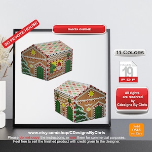 Può includere: Un modello digitale per un progetto di perline in punto peyote 3D di una casetta di pan di zenzero. Il modello comprende 19 pagine e 11 colori. Il modello è per una casetta di pan di zenzero a tema Babbo Natale.