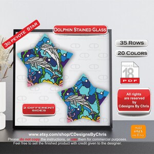 Könnte beinhalten: Ein digitales Muster für einen 3D-Peyote-Stern mit einem Delfin-Buntglas-Design. Die Grafik enthält Text mit 35 rows, 20 colors, 2 different sides und PDF. Das Design zeigt zwei sternförmige Muster in Blau-, Grau- und Violetttönen.