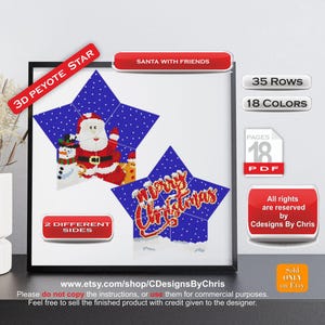 May include: A digital pattern for a 3D peyote star beading project featuring Santa Claus with his friends. The pattern includes 35 rows and 18 colors, and is available as an 18-page PDF download. The design features two different sides, one with Santa and his friends, and the other with the words "Merry Christmas".