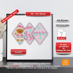 May include: A framed digital pattern for a 3D peyote pod. The design features three diamond-shaped ornaments with a gingerbread person, the number "1", and the text "XMAS" in pink, teal, and white. The pattern includes 34 rows and 12 colors.