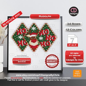 Könnte beinhalten: Gerahmtes Bild mit drei aufgefädelten Weihnachtsschmuckstücken. Die rautenförmigen Ornamente haben grüne, rote und weiße Perlenarbeiten. Eines zeigt den Weihnachtsmann, die anderen sagen "HO HO HO". Der Text enthält: "RUDOLPH", "34 Reihen", "12 Farben" und "7 PDF-Seiten".