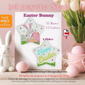 May include: A 3D peyote star pattern featuring an Easter bunny holding an Easter egg. The pattern is for a 35-row project and uses 12 colors. The pattern is available as a PDF download. The text "Sold ONLY on Etsy" and "Easter Bunny" is visible in the image.