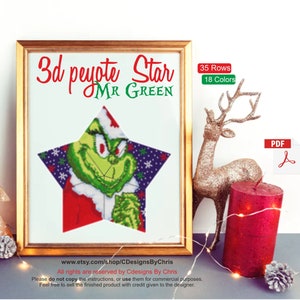 Könnte beinhalten: Ein druckbares PDF-Muster für einen 3D-Peyote-Stern mit dem Grinch. Das Muster ist für einen 35-reihigen Stern mit 18 Farben. Der Text "3d peyote Star Mr Green" befindet sich oben im Bild.