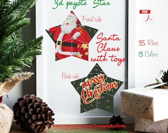 May include: A printable pattern for a 3D peyote star beading project. The front side features Santa Claus with toys, and the back side says "Merry Christmas". The pattern requires 35 rows and 13 colors.