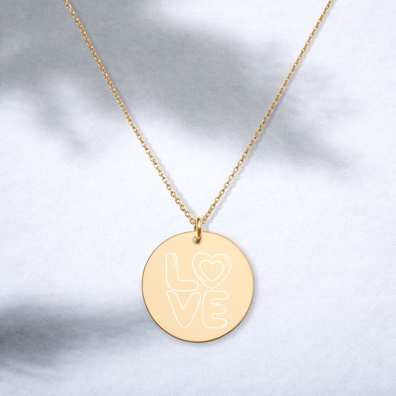 LOVE bubble font Engraved Disc Necklace 24k Gold or 925 Sterling Silver Chain Pretty Valentine/'s Jewelry Free Shipping