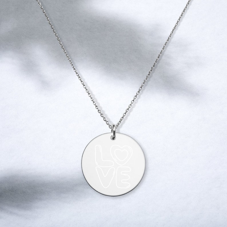 LOVE bubble font Engraved Disc Necklace 24k Gold or 925 Sterling Silver Chain Pretty Valentine/'s Jewelry Free Shipping