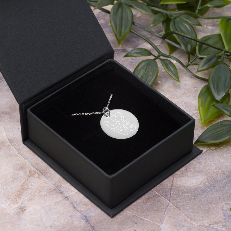 LOVE bubble font Engraved Disc Necklace 24k Gold or 925 Sterling Silver Chain Pretty Valentine/'s Jewelry Free Shipping