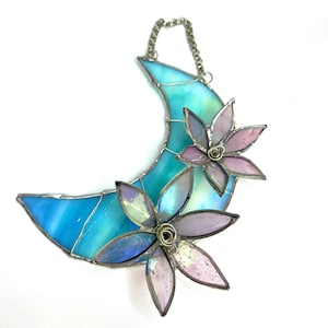 Stained glass crescent moon with flowers sun catcher