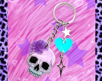 Pastel Goth Keyring Floral Skull