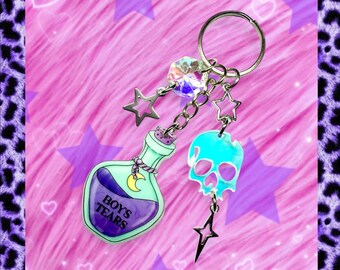 Pastel Goth Keyring Boys Tears Potion Bottle with Crystal