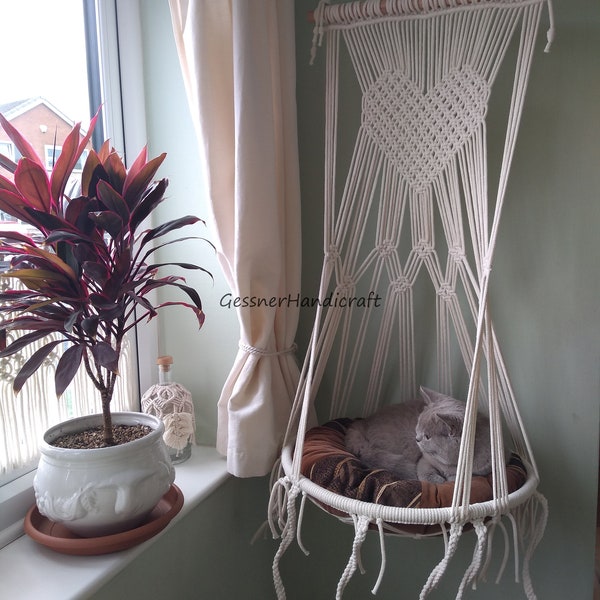 Cat hammock hanging macrame boho handmade, hanging cat bed, heart