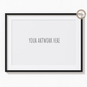 May include: A black picture frame with a white mat and a white background. The text "YOUR ARTWORK HERE" is printed in the center of the frame.
