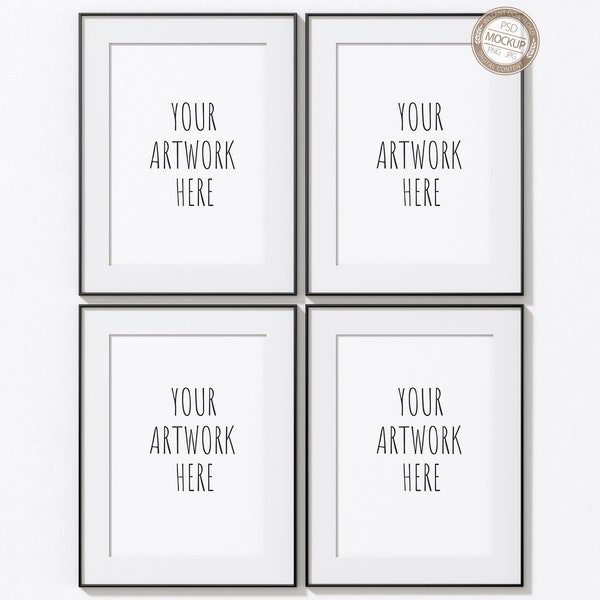 A4 A3 A2 A1 Set of Four Black Vertical Frames Mockup, Set of 4, Frame Template, White Wall, Portrait Mock Up,Digital Stock Photo,PSD+PNG+JPG