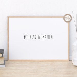 A4, A3 Landscape Wooden Frame Mockup, Thin Frame,Digital Horizontal Frame on Wooden Desk,White Wall,Stock Photography Mock Up,PSD+PNG+JPG