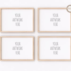 May include: Four light wood picture frames with white mats, each with the text "YOUR ARTWORK HERE" in black text.