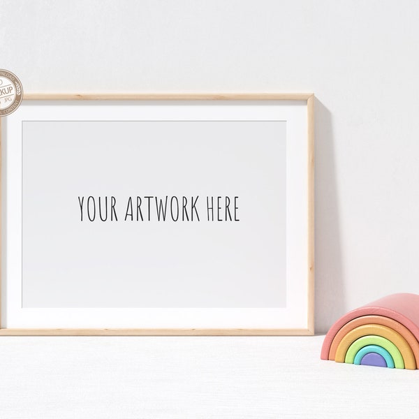 A4 A3 A2 A1 Nursery Frame Mockup with Rainbow Decor, Landscape, Thin Wooden Frame, Neutral Background, Stock Photography Mock Up,PSD+PNG+JPG